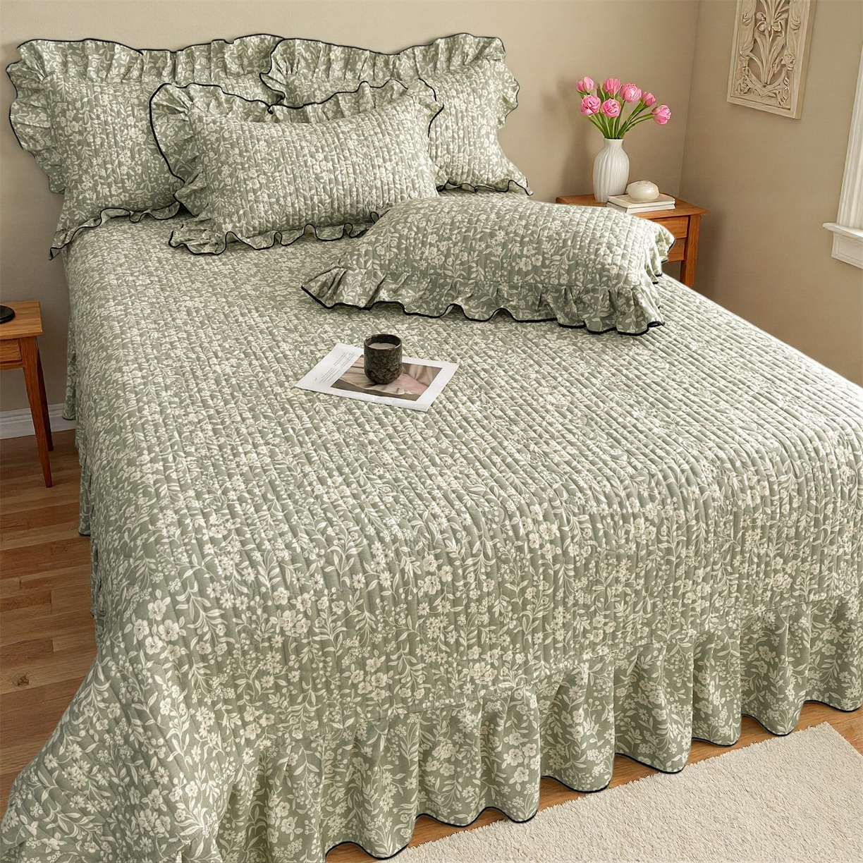 91家纺网 家纺一手货源 找家纺 宜凡家纺 2026新款全棉夹棉印花床盖款三件套 安冉之夏