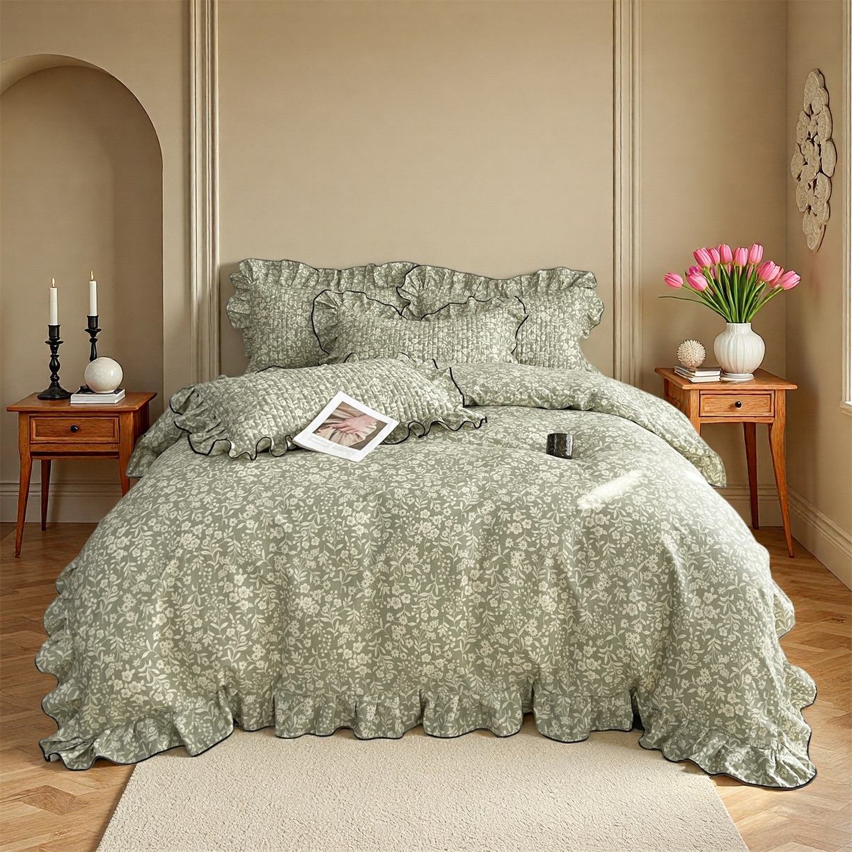 91家纺网 家纺一手货源 找家纺 宜凡家纺 2026新款全棉夹棉印花床盖款三件套 安冉之夏