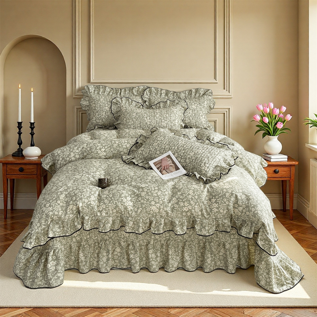 91家纺网 家纺一手货源 找家纺 宜凡家纺 2026新款全棉夹棉印花床盖款三件套 安冉之夏