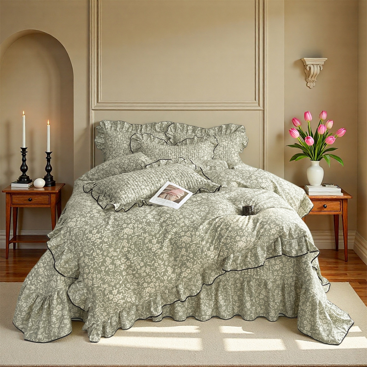 91家纺网 家纺一手货源 找家纺 宜凡家纺 2026新款全棉夹棉印花床盖款三件套 安冉之夏