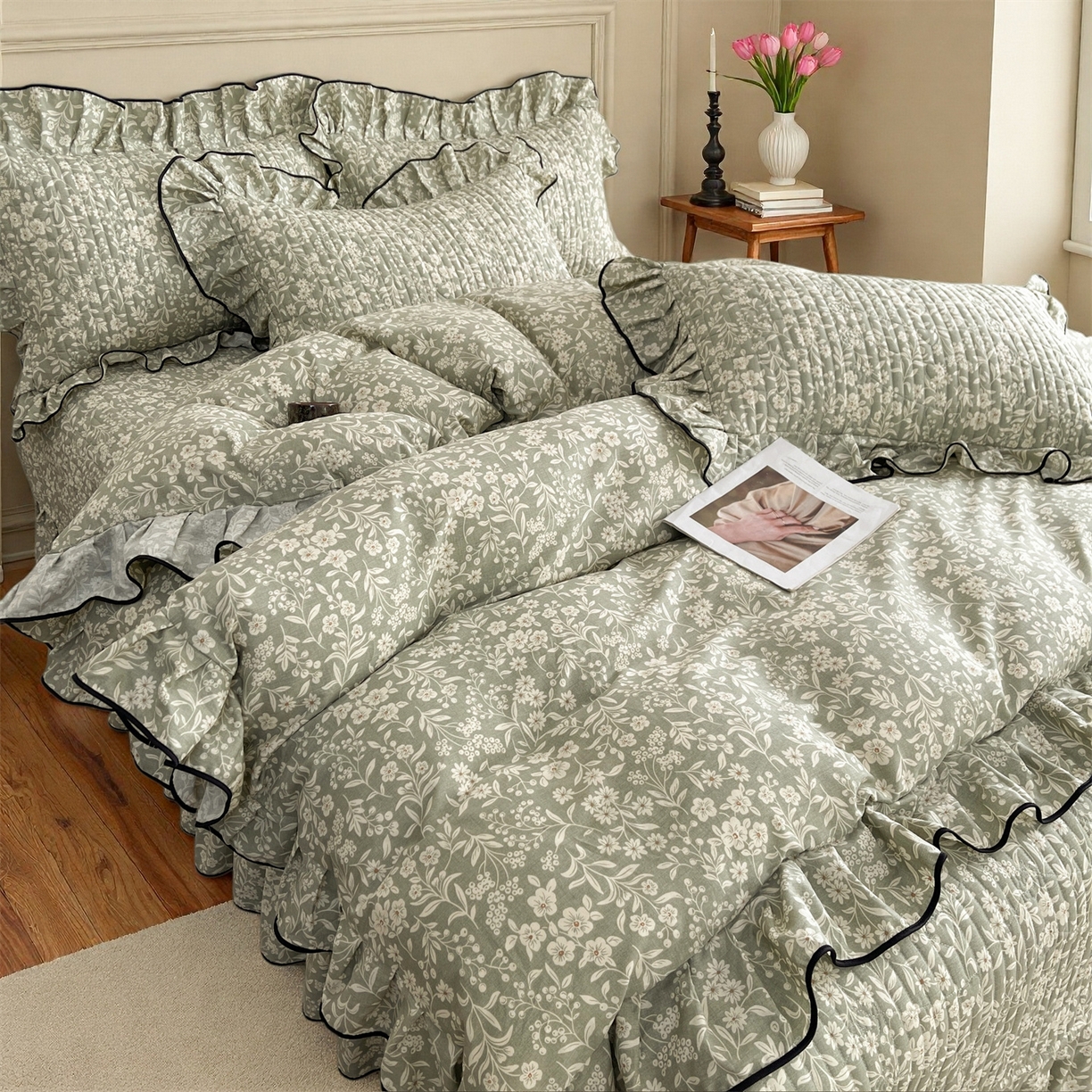 91家纺网 家纺一手货源 找家纺 宜凡家纺 2026新款全棉夹棉印花床盖款三件套 安冉之夏