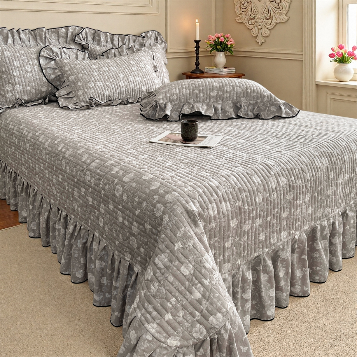 91家纺网 家纺一手货源 找家纺 宜凡家纺 2026新款全棉夹棉印花床盖款三件套 半岛玫瑰