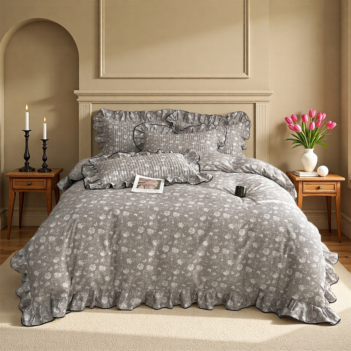 91家纺网 家纺一手货源 找家纺 宜凡家纺 2026新款全棉夹棉印花床盖款三件套 半岛玫瑰