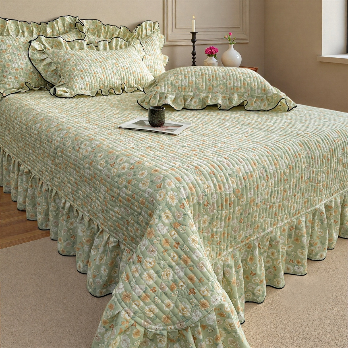 91家纺网 家纺一手货源 找家纺 宜凡家纺 2026新款全棉夹棉印花床盖款三件套 繁花锦年