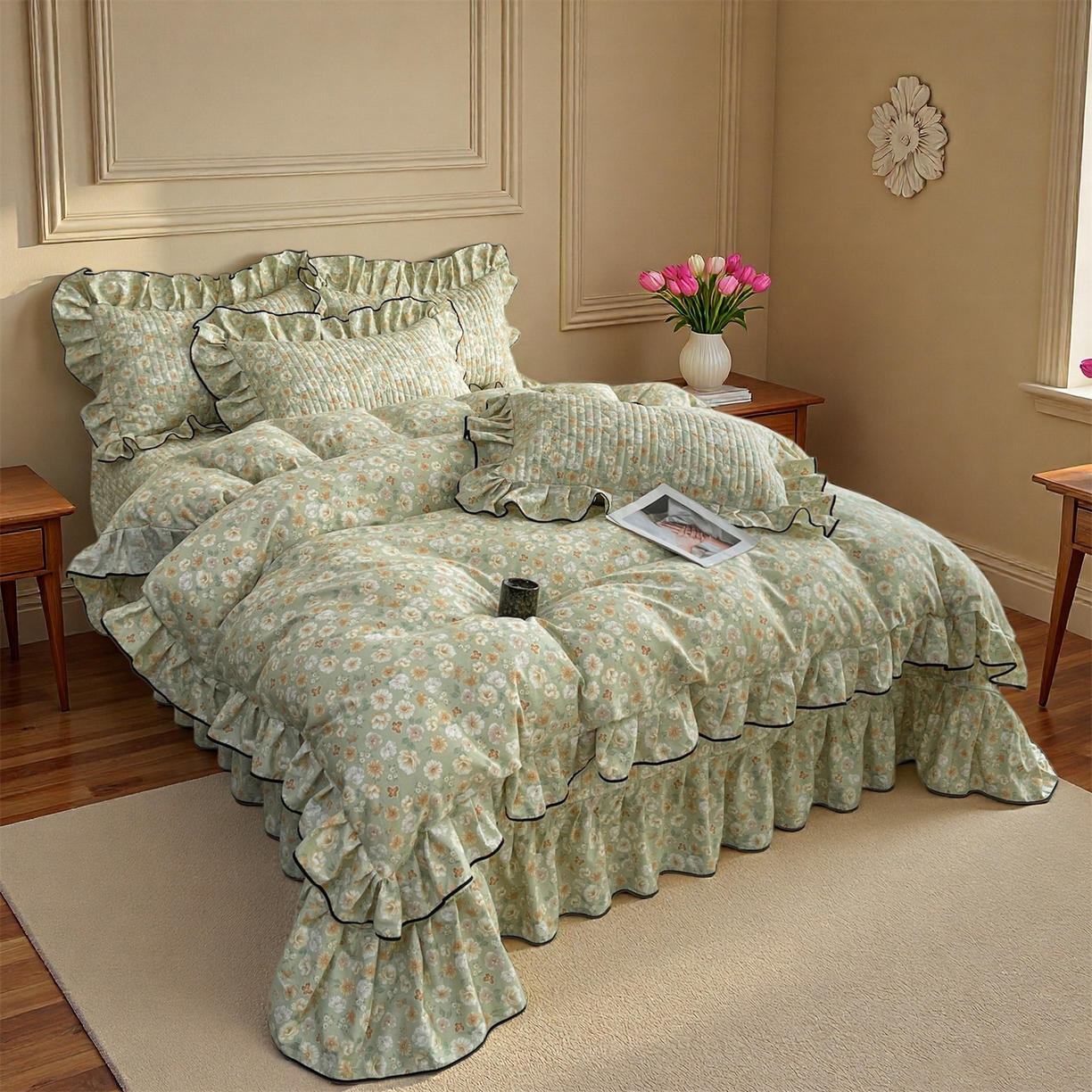 91家纺网 家纺一手货源 找家纺 宜凡家纺 2026新款全棉夹棉印花床盖款三件套 繁花锦年