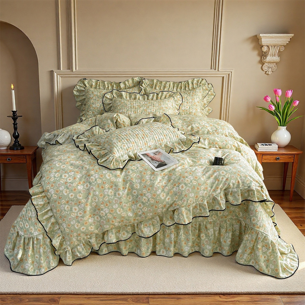 91家纺网 家纺一手货源 找家纺 宜凡家纺 2026新款全棉夹棉印花床盖款三件套 繁花锦年