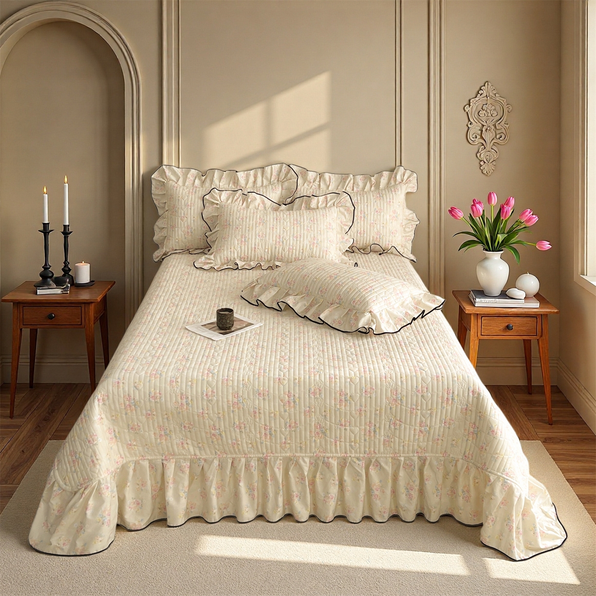 91家纺网 家纺一手货源 找家纺 宜凡家纺 2026新款全棉夹棉印花床盖款三件套 芳伊娜