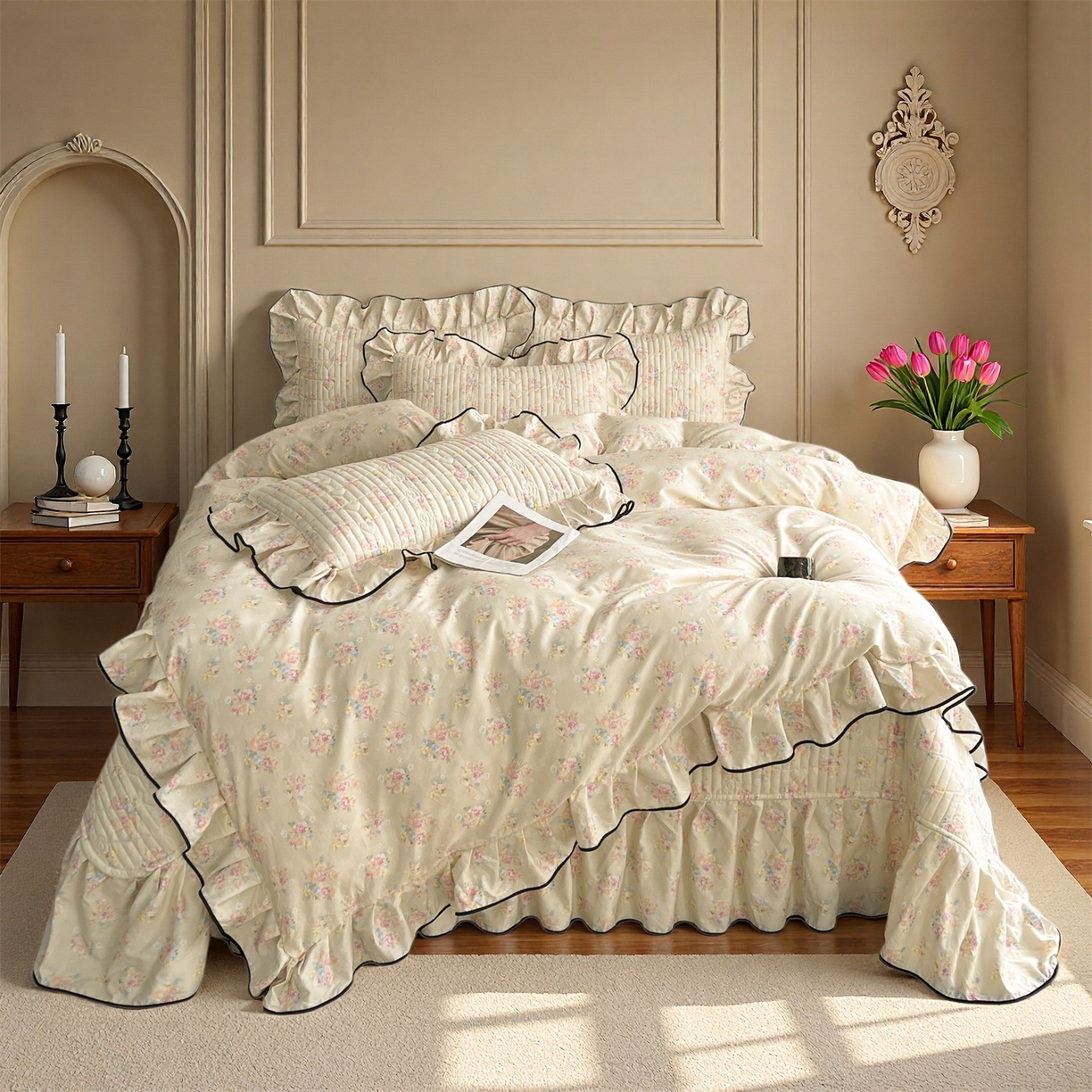 91家纺网 家纺一手货源 找家纺 宜凡家纺 2026新款全棉夹棉印花床盖款三件套 芳伊娜