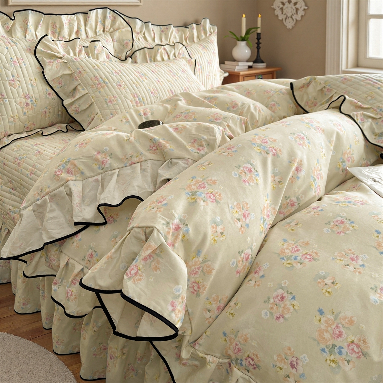 91家纺网 家纺一手货源 找家纺 宜凡家纺 2026新款全棉夹棉印花床盖款三件套 芳伊娜