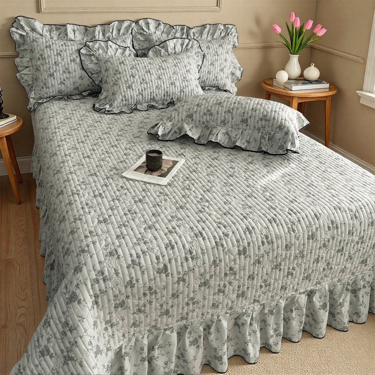 91家纺网 家纺一手货源 找家纺 宜凡家纺 2026新款全棉夹棉印花床盖款三件套 莫里