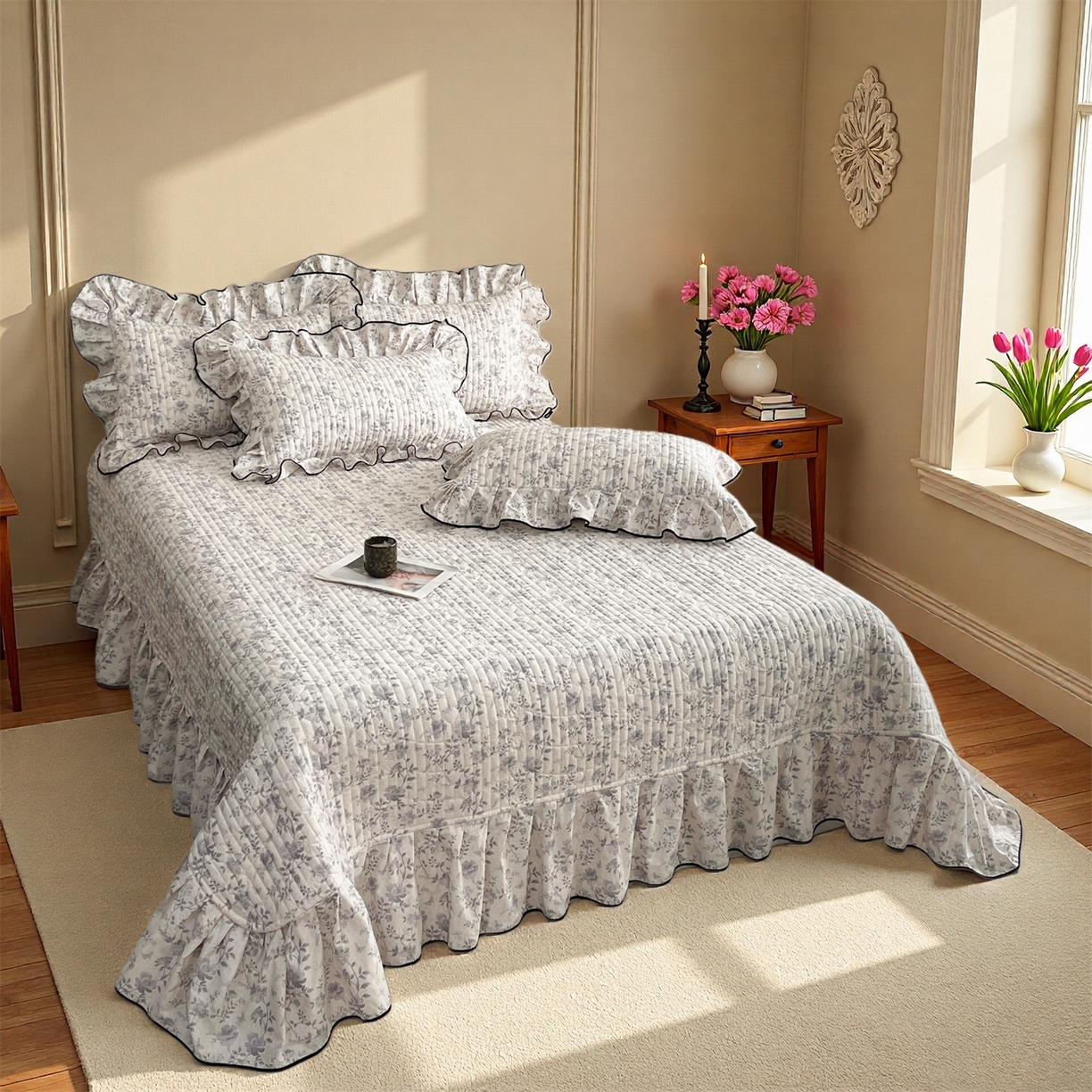 91家纺网 家纺一手货源 找家纺 宜凡家纺 2026新款全棉夹棉印花床盖款三件套 紫藤花