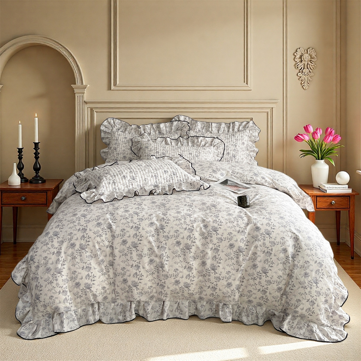 91家纺网 家纺一手货源 找家纺 宜凡家纺 2026新款全棉夹棉印花床盖款三件套 紫藤花