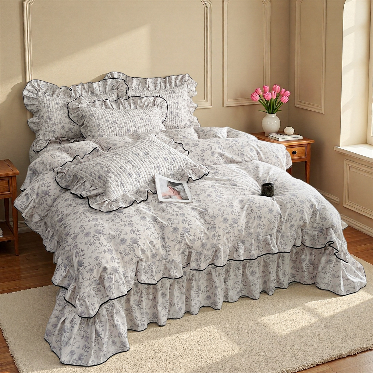 91家纺网 家纺一手货源 找家纺 宜凡家纺 2026新款全棉夹棉印花床盖款三件套 紫藤花