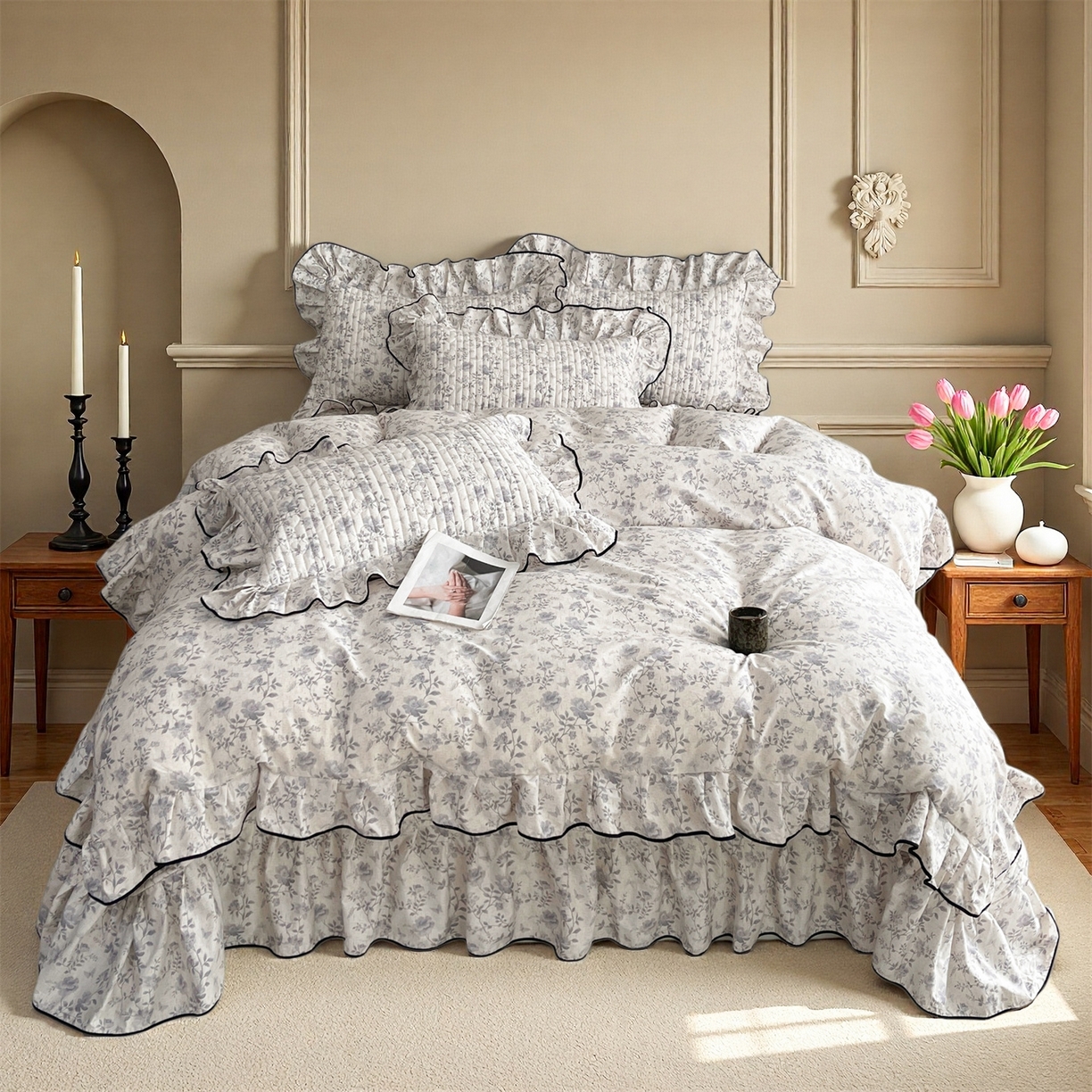 91家纺网 家纺一手货源 找家纺 宜凡家纺 2026新款全棉夹棉印花床盖款三件套 紫藤花