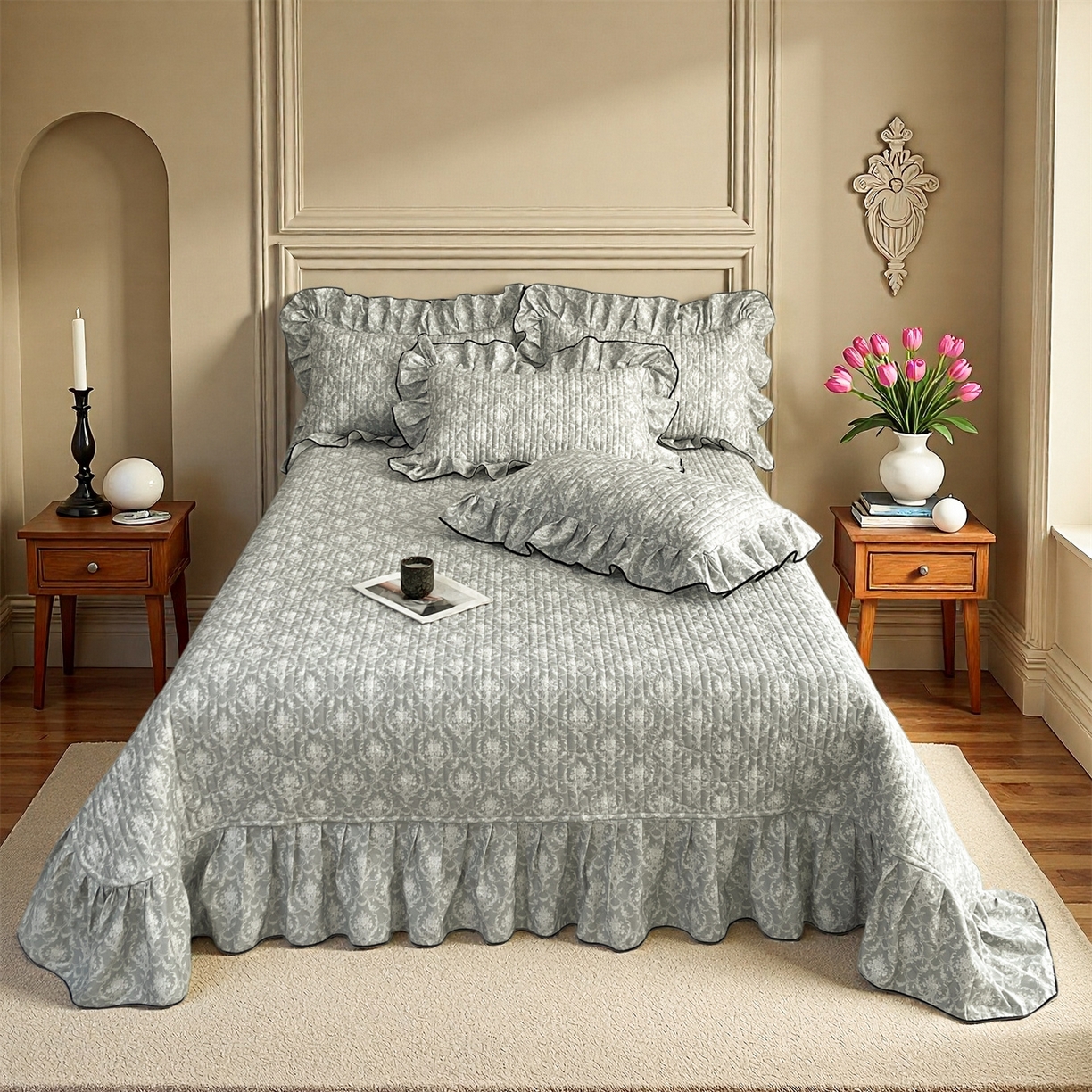 91家纺网 家纺一手货源 找家纺 宜凡家纺 2026新款全棉夹棉印花床盖款四件套 安洛特 灰