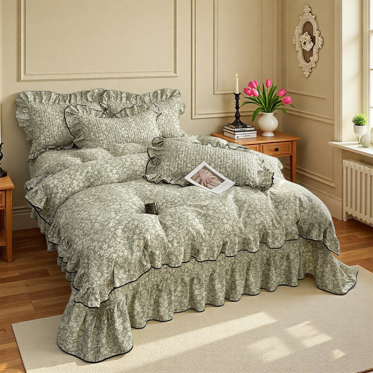 91家纺网 家纺一手货源 找家纺 宜凡家纺 2026新款全棉夹棉印花床盖款四件套 安冉之夏