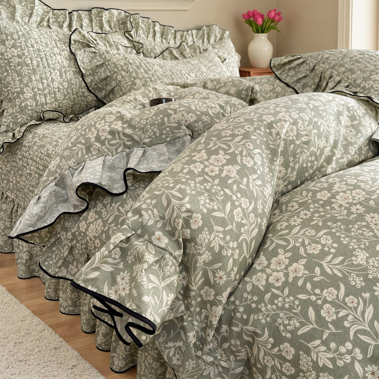 91家纺网 家纺一手货源 找家纺 宜凡家纺 2026新款全棉夹棉印花床盖款四件套 安冉之夏