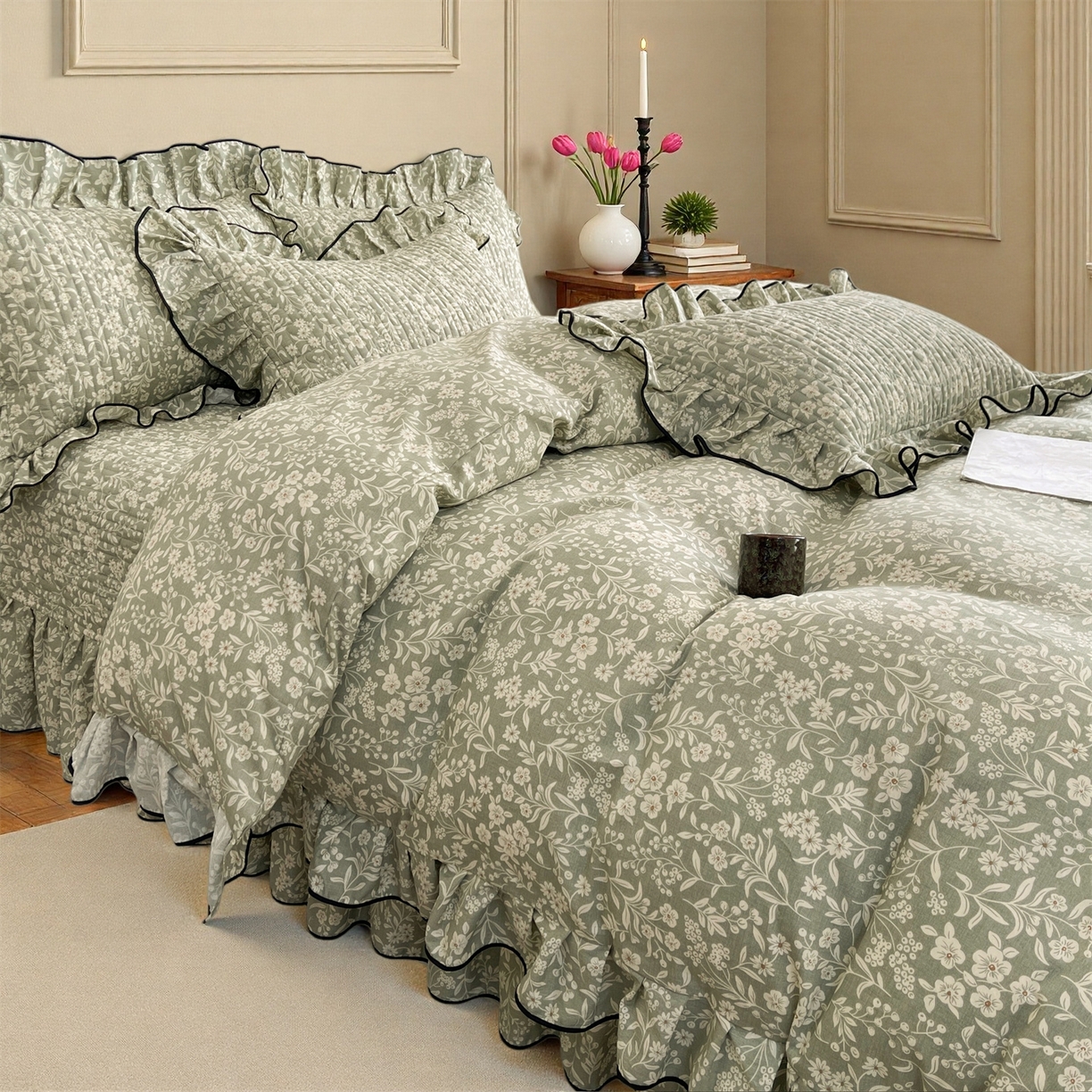 91家纺网 家纺一手货源 找家纺 宜凡家纺 2026新款全棉夹棉印花床盖款四件套 安冉之夏