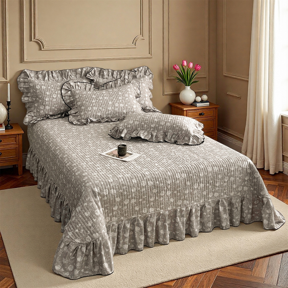 91家纺网 家纺一手货源 找家纺 宜凡家纺 2026新款全棉夹棉印花床盖款四件套 半岛玫瑰