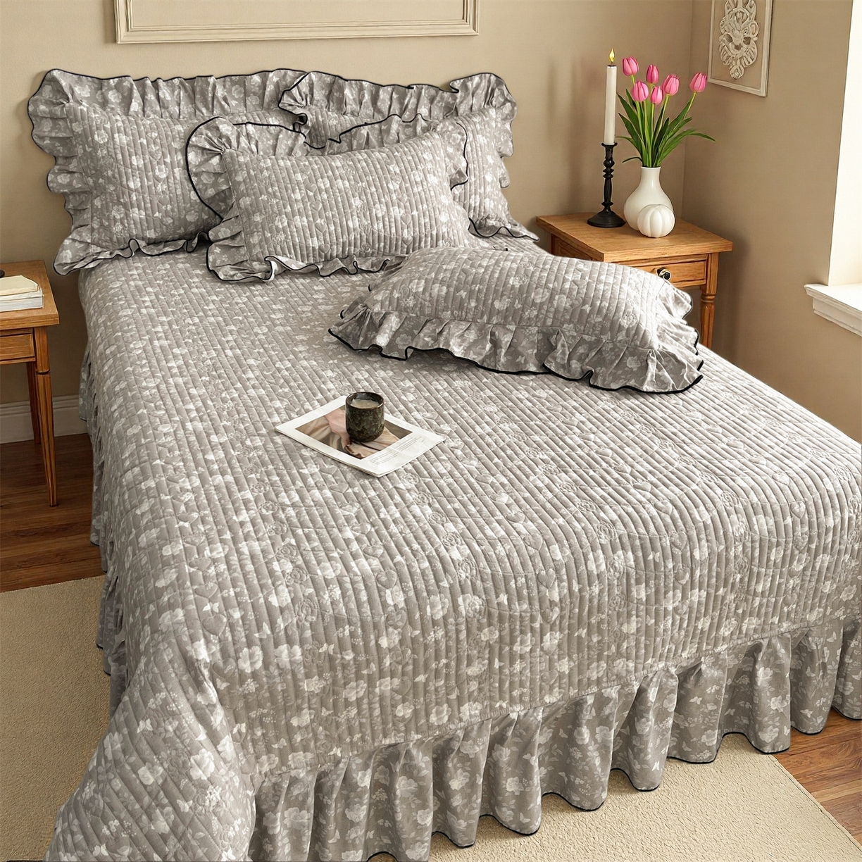 91家纺网 家纺一手货源 找家纺 宜凡家纺 2026新款全棉夹棉印花床盖款四件套 半岛玫瑰