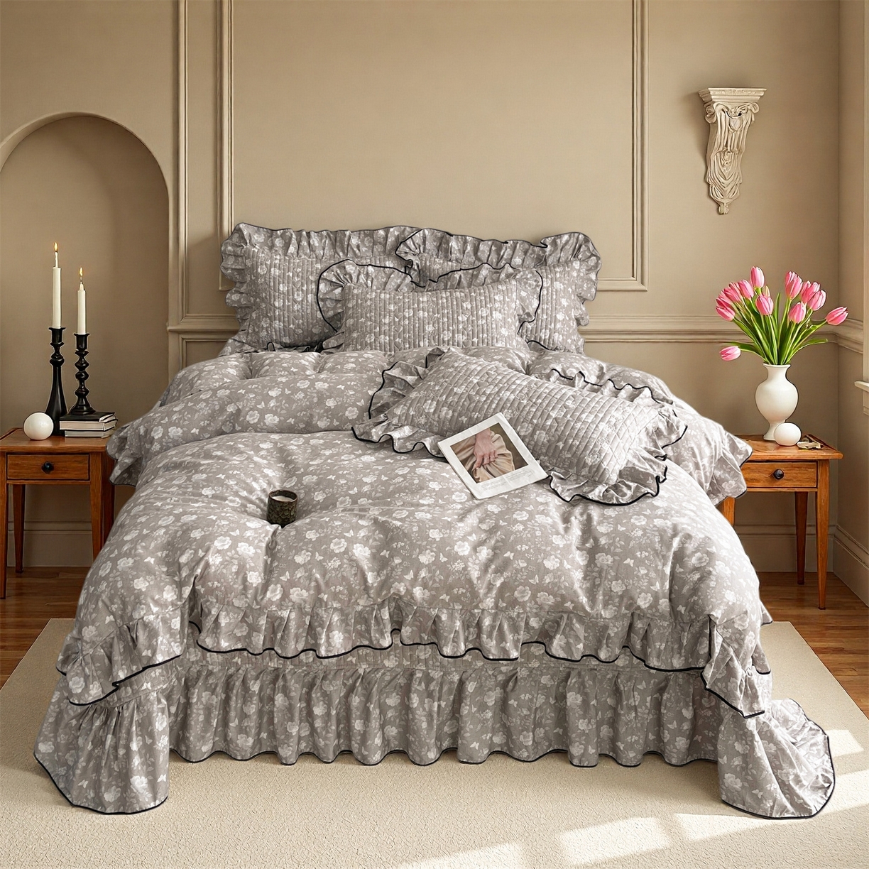 91家纺网 家纺一手货源 找家纺 宜凡家纺 2026新款全棉夹棉印花床盖款四件套 半岛玫瑰