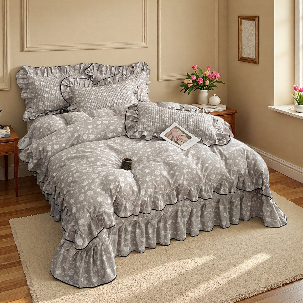 91家纺网 家纺一手货源 找家纺 宜凡家纺 2026新款全棉夹棉印花床盖款四件套 半岛玫瑰