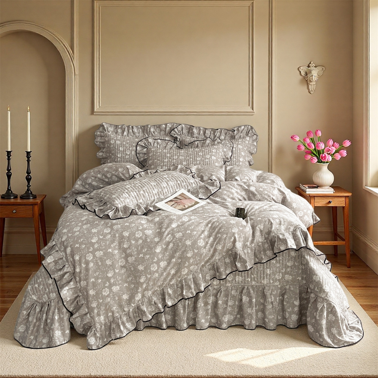 91家纺网 家纺一手货源 找家纺 宜凡家纺 2026新款全棉夹棉印花床盖款四件套 半岛玫瑰