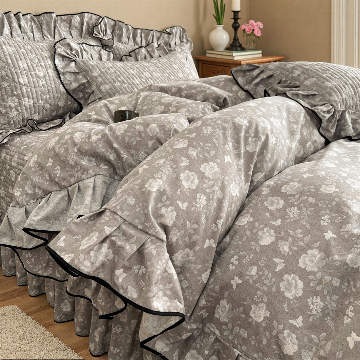 91家纺网 家纺一手货源 找家纺 宜凡家纺 2026新款全棉夹棉印花床盖款四件套 半岛玫瑰