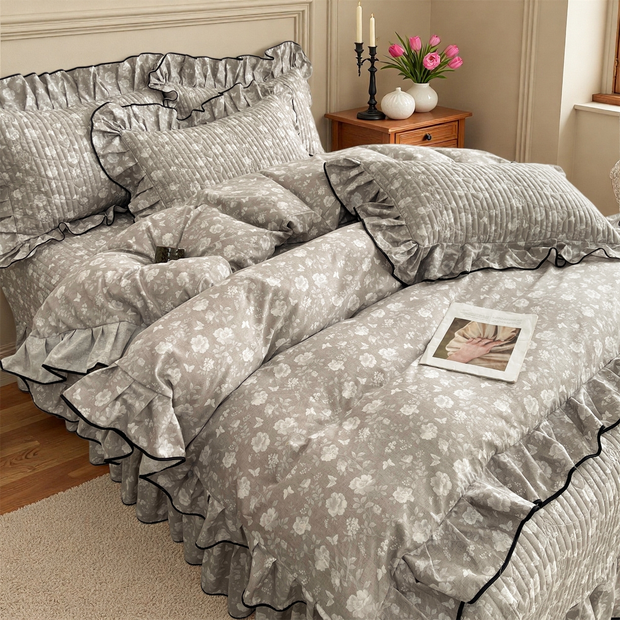 91家纺网 家纺一手货源 找家纺 宜凡家纺 2026新款全棉夹棉印花床盖款四件套 半岛玫瑰