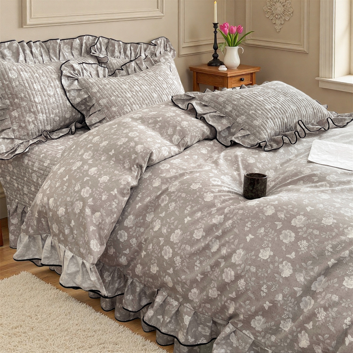 91家纺网 家纺一手货源 找家纺 宜凡家纺 2026新款全棉夹棉印花床盖款四件套 半岛玫瑰