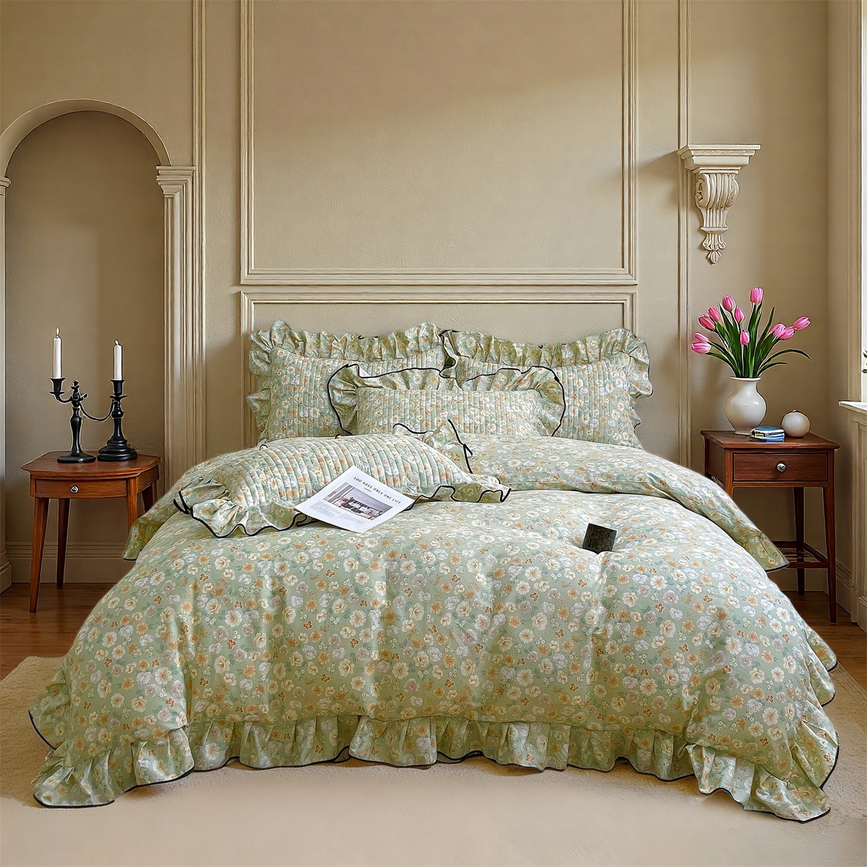 91家纺网 家纺一手货源 找家纺 宜凡家纺 2026新款全棉夹棉印花床盖款四件套 繁花锦年