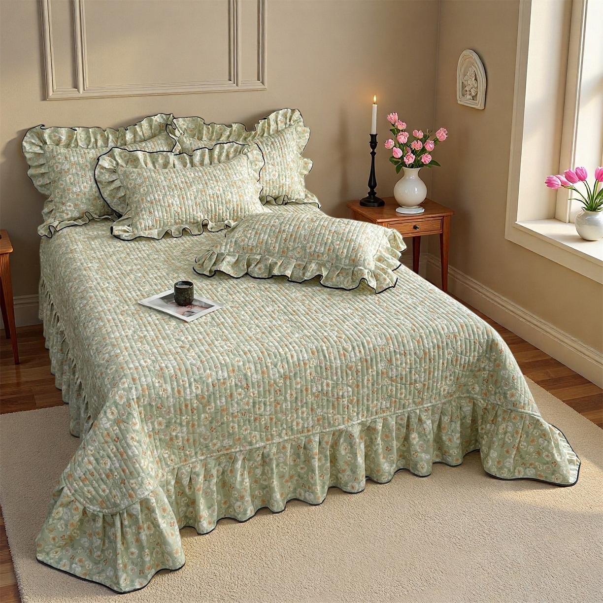 91家纺网 家纺一手货源 找家纺 宜凡家纺 2026新款全棉夹棉印花床盖款四件套 繁花锦年