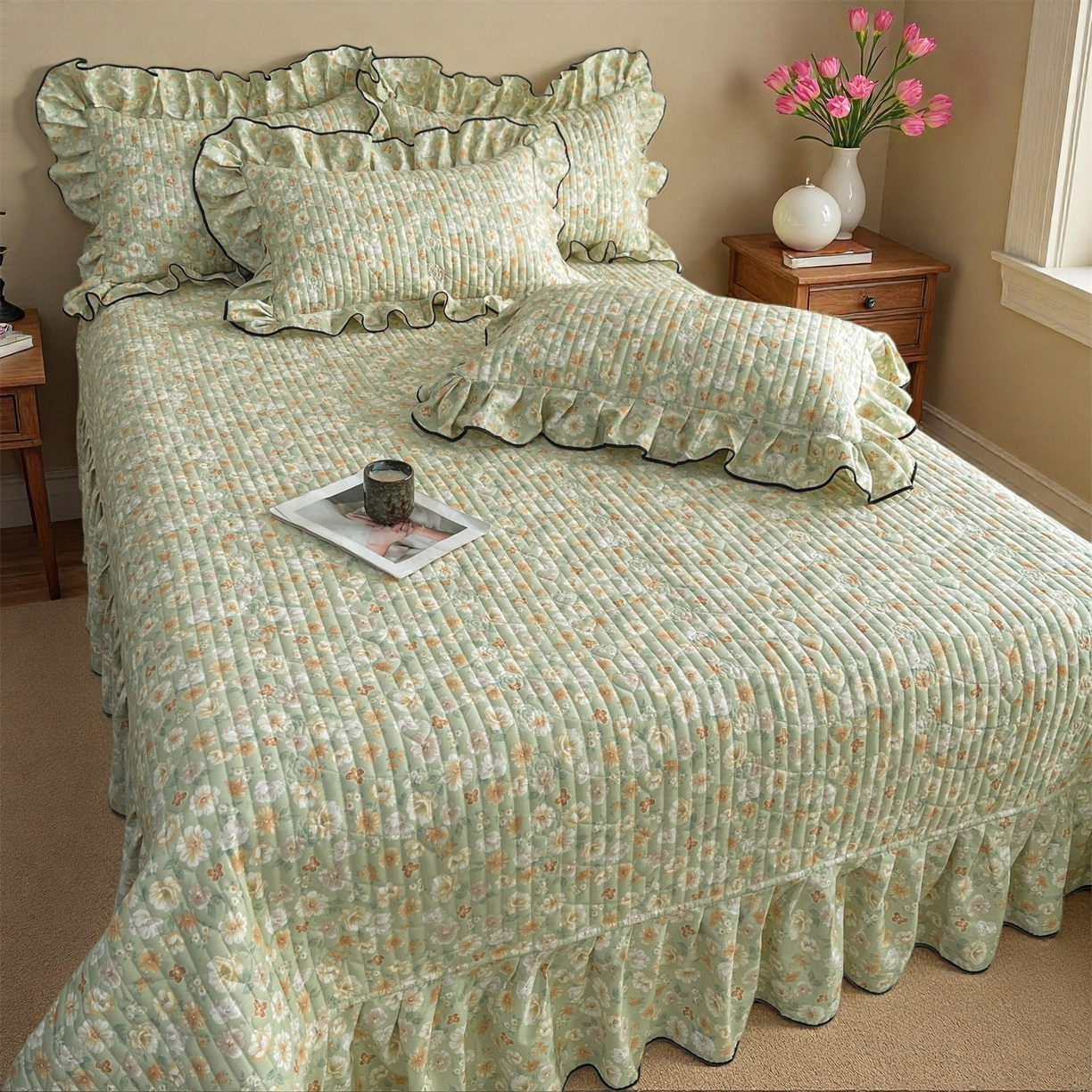 91家纺网 家纺一手货源 找家纺 宜凡家纺 2026新款全棉夹棉印花床盖款四件套 繁花锦年