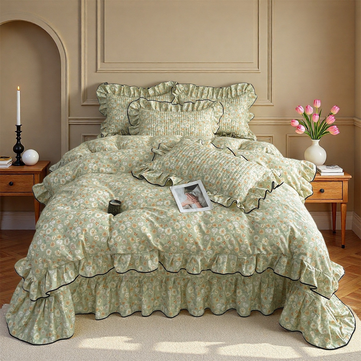 91家纺网 家纺一手货源 找家纺 宜凡家纺 2026新款全棉夹棉印花床盖款四件套 繁花锦年