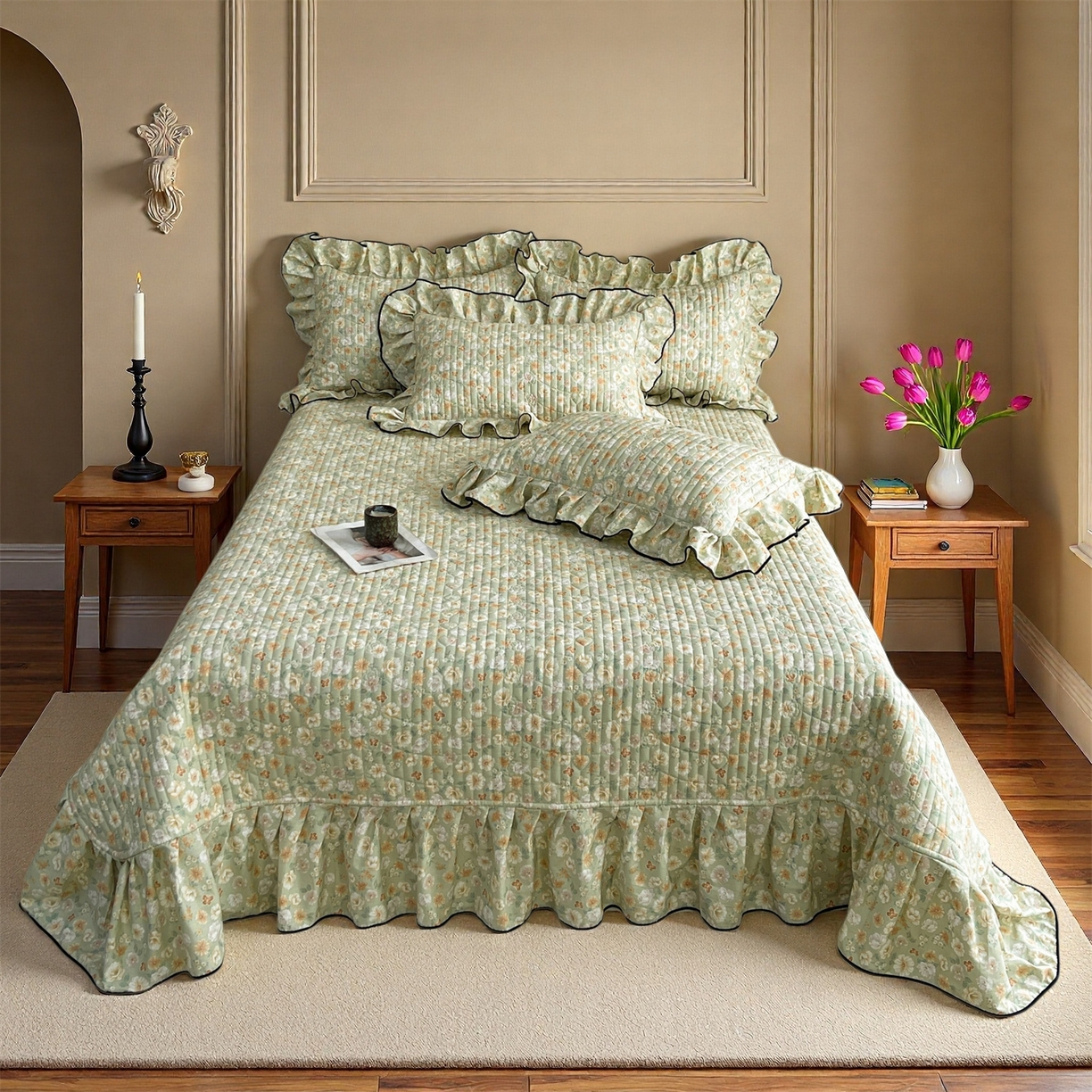 91家纺网 家纺一手货源 找家纺 宜凡家纺 2026新款全棉夹棉印花床盖款四件套 繁花锦年