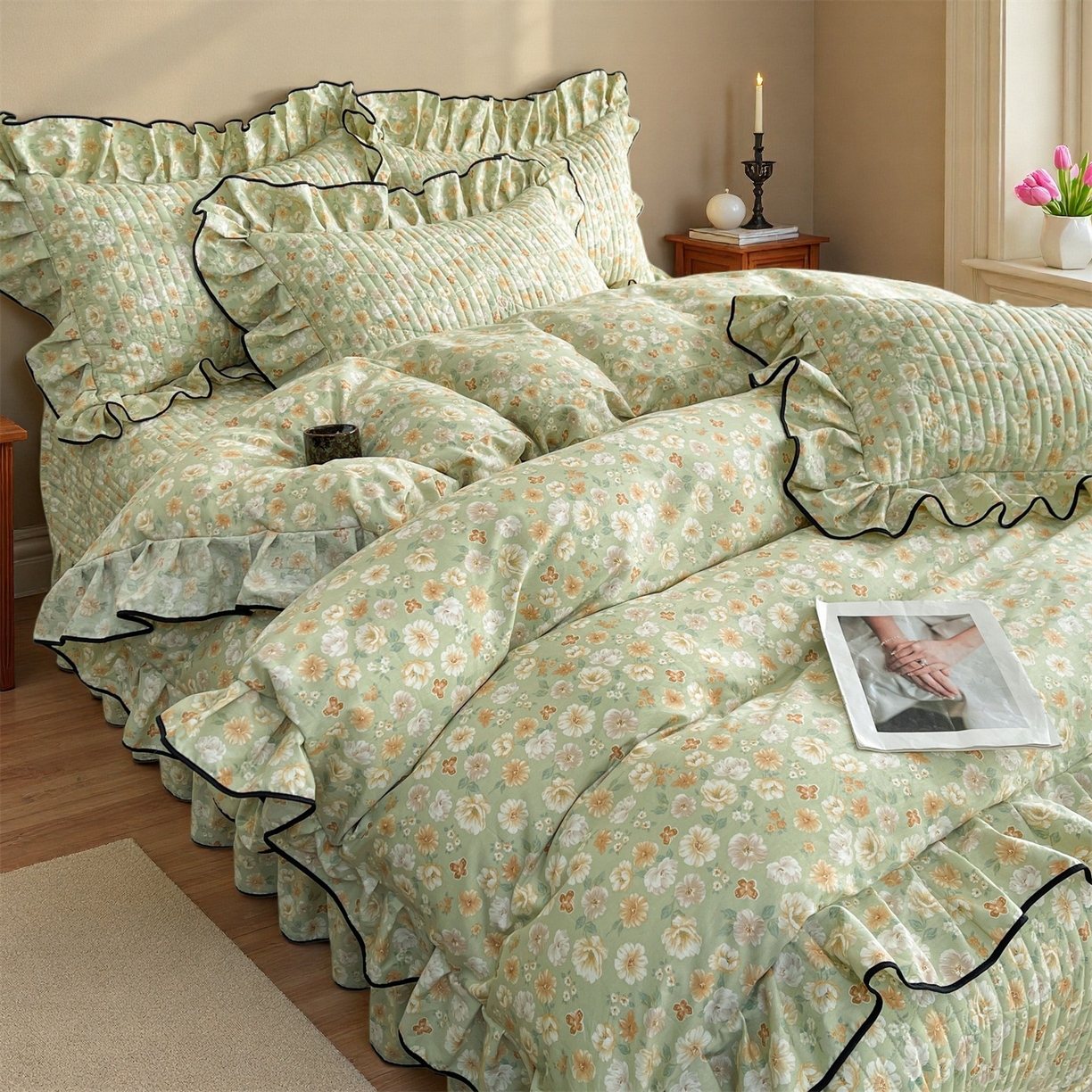 91家纺网 家纺一手货源 找家纺 宜凡家纺 2026新款全棉夹棉印花床盖款四件套 繁花锦年