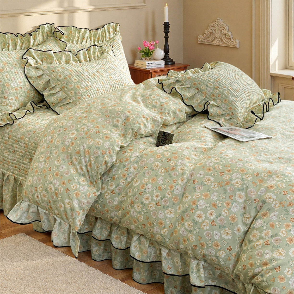 91家纺网 家纺一手货源 找家纺 宜凡家纺 2026新款全棉夹棉印花床盖款四件套 繁花锦年