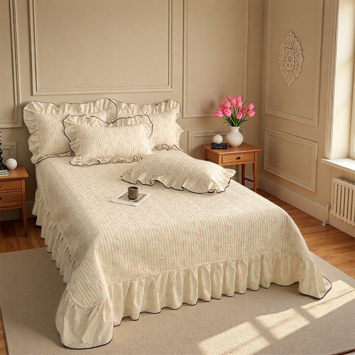 91家纺网 家纺一手货源 找家纺 宜凡家纺 2026新款全棉夹棉印花床盖款四件套 芳伊娜