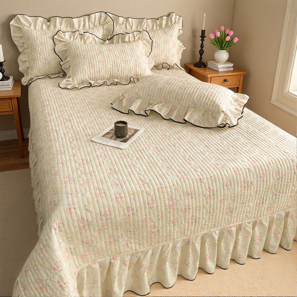 91家纺网 家纺一手货源 找家纺 宜凡家纺 2026新款全棉夹棉印花床盖款四件套 芳伊娜