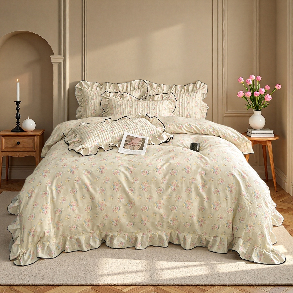 91家纺网 家纺一手货源 找家纺 宜凡家纺 2026新款全棉夹棉印花床盖款四件套 芳伊娜