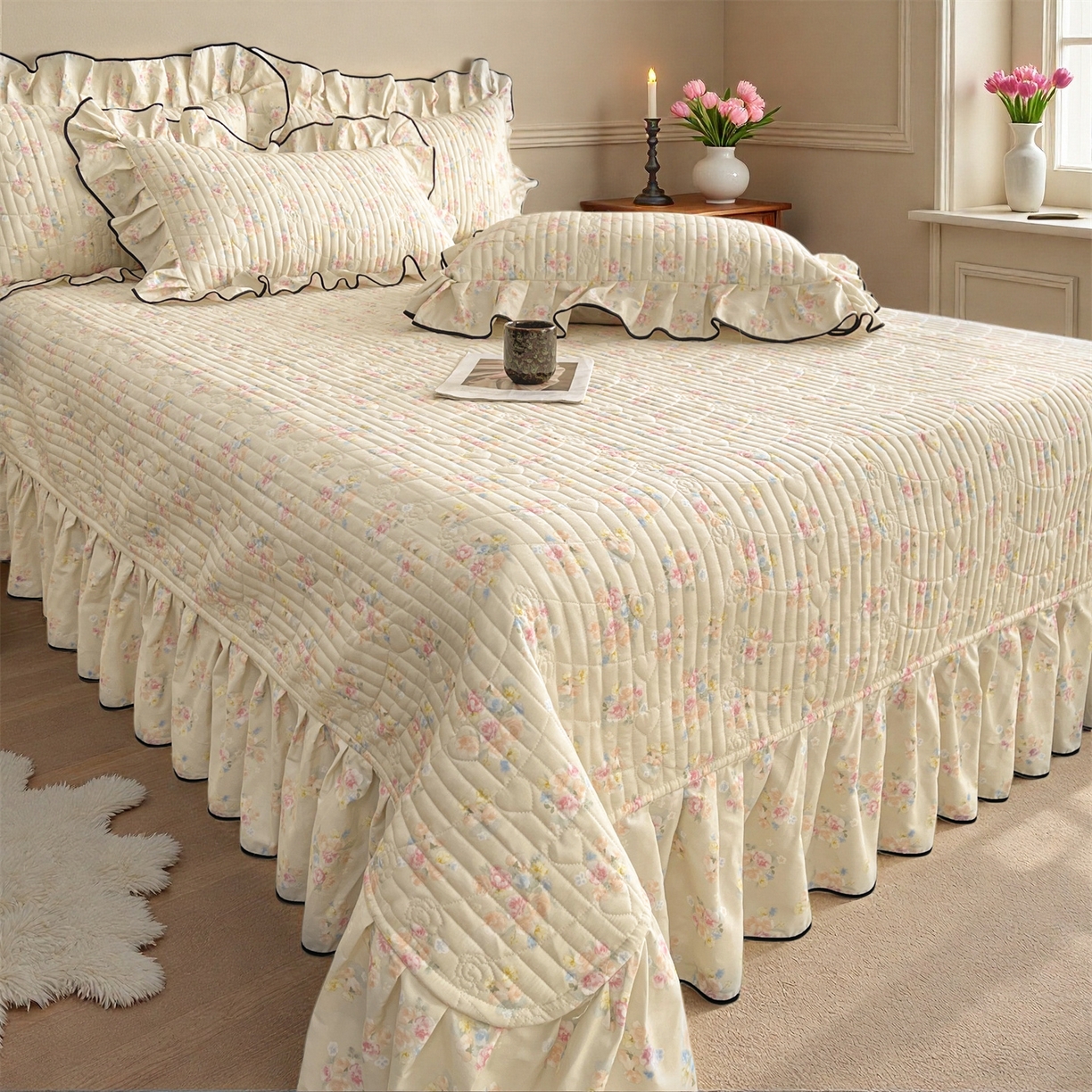 91家纺网 家纺一手货源 找家纺 宜凡家纺 2026新款全棉夹棉印花床盖款四件套 芳伊娜