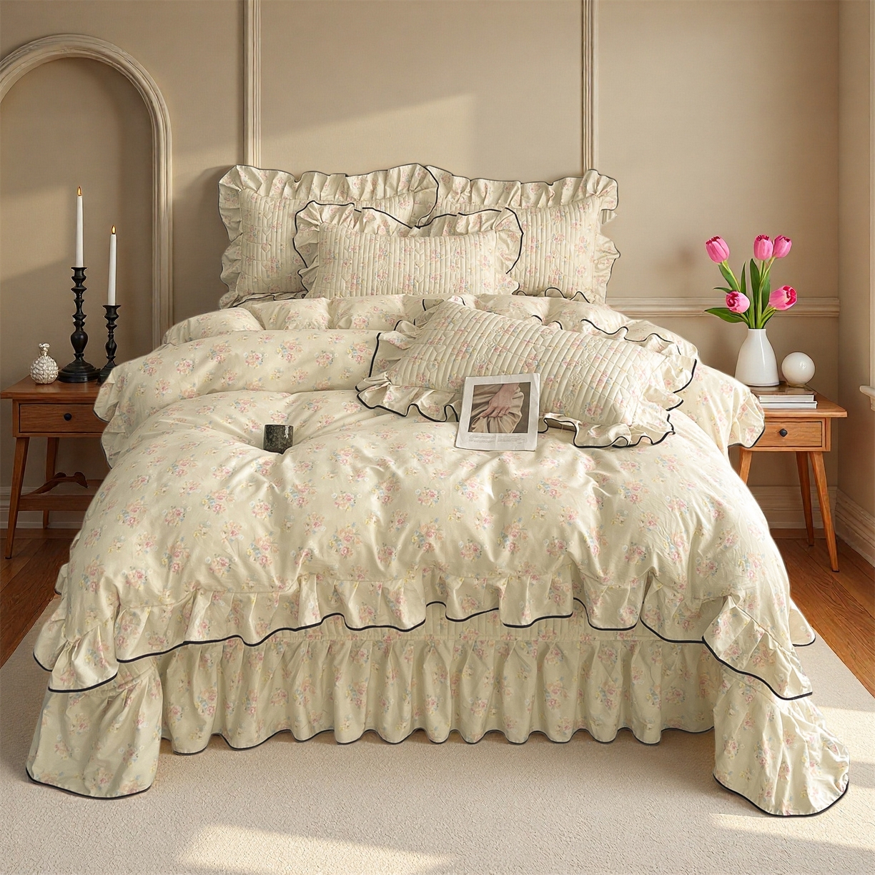 91家纺网 家纺一手货源 找家纺 宜凡家纺 2026新款全棉夹棉印花床盖款四件套 芳伊娜