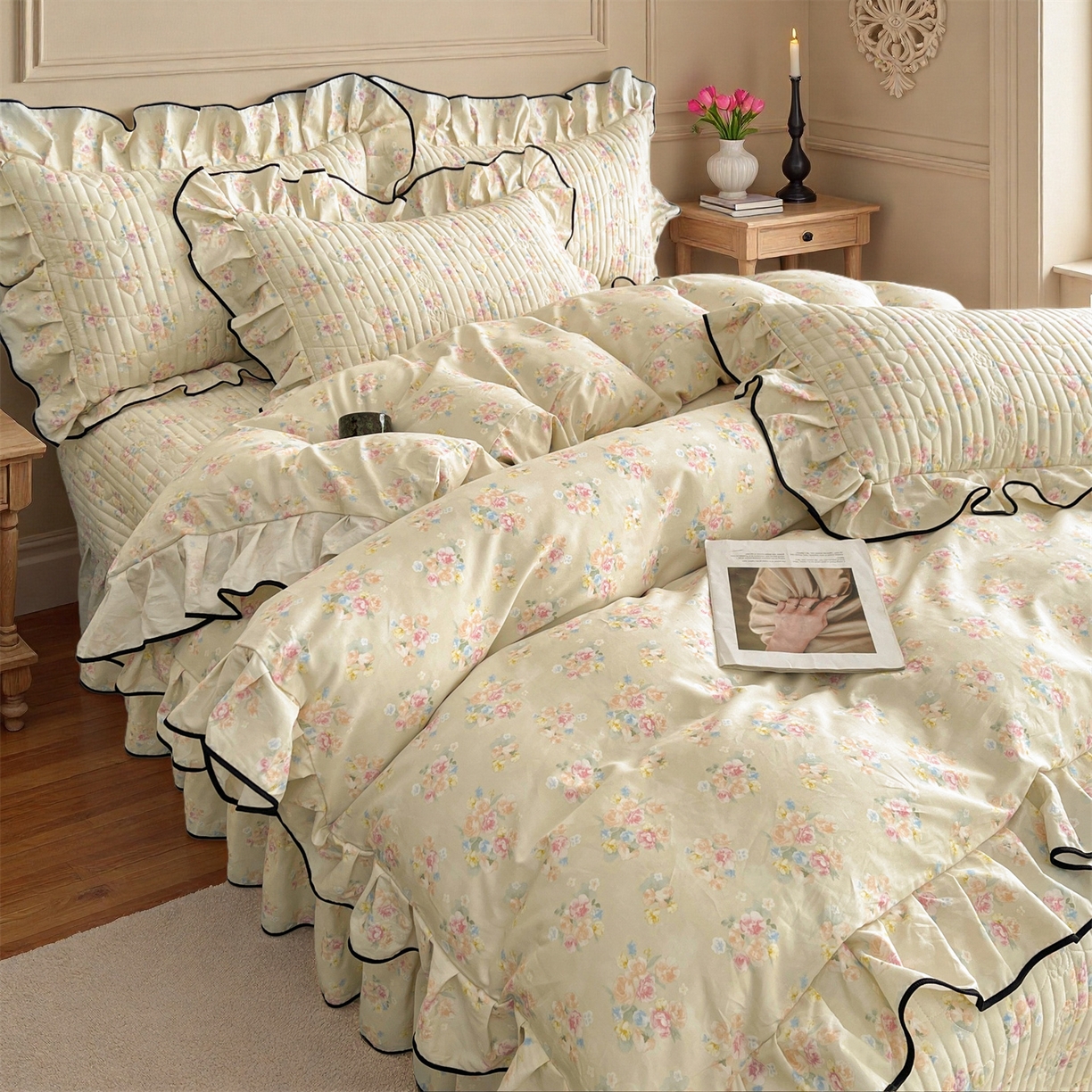 91家纺网 家纺一手货源 找家纺 宜凡家纺 2026新款全棉夹棉印花床盖款四件套 芳伊娜