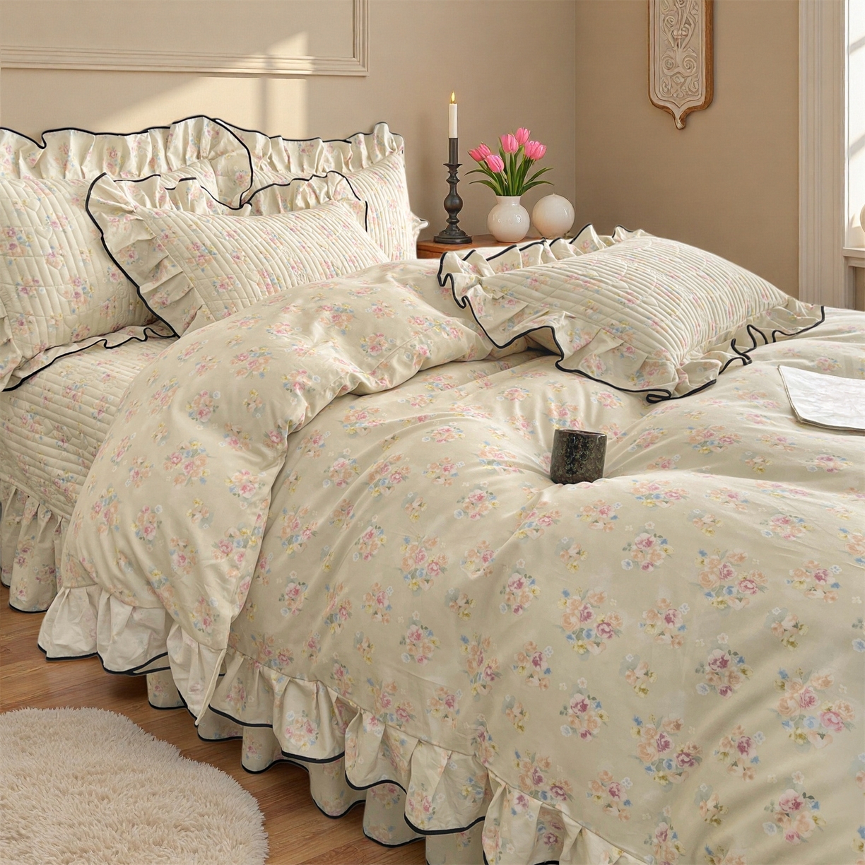 91家纺网 家纺一手货源 找家纺 宜凡家纺 2026新款全棉夹棉印花床盖款四件套 芳伊娜