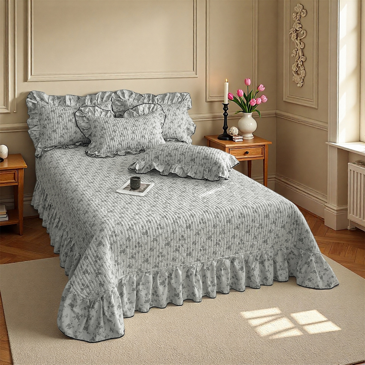 91家纺网 家纺一手货源 找家纺 宜凡家纺 2026新款全棉夹棉印花床盖款四件套 莫里