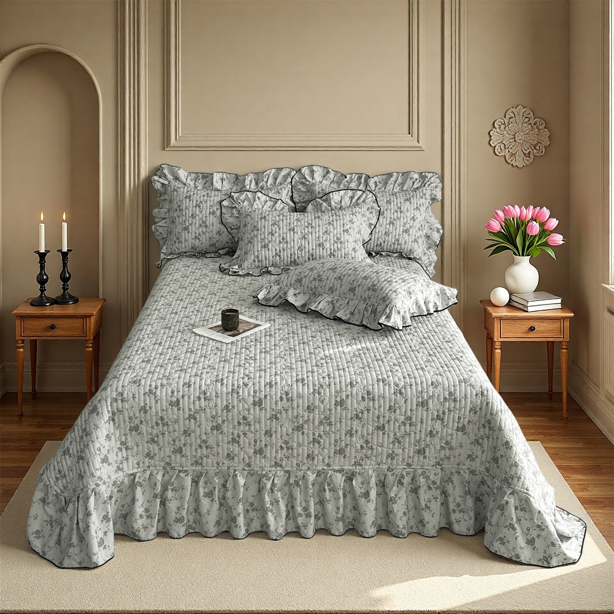 91家纺网 家纺一手货源 找家纺 宜凡家纺 2026新款全棉夹棉印花床盖款四件套 莫里