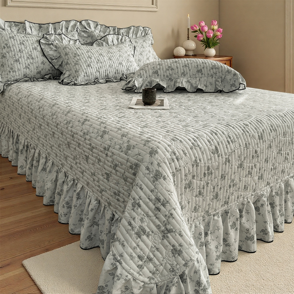 91家纺网 家纺一手货源 找家纺 宜凡家纺 2026新款全棉夹棉印花床盖款四件套 莫里