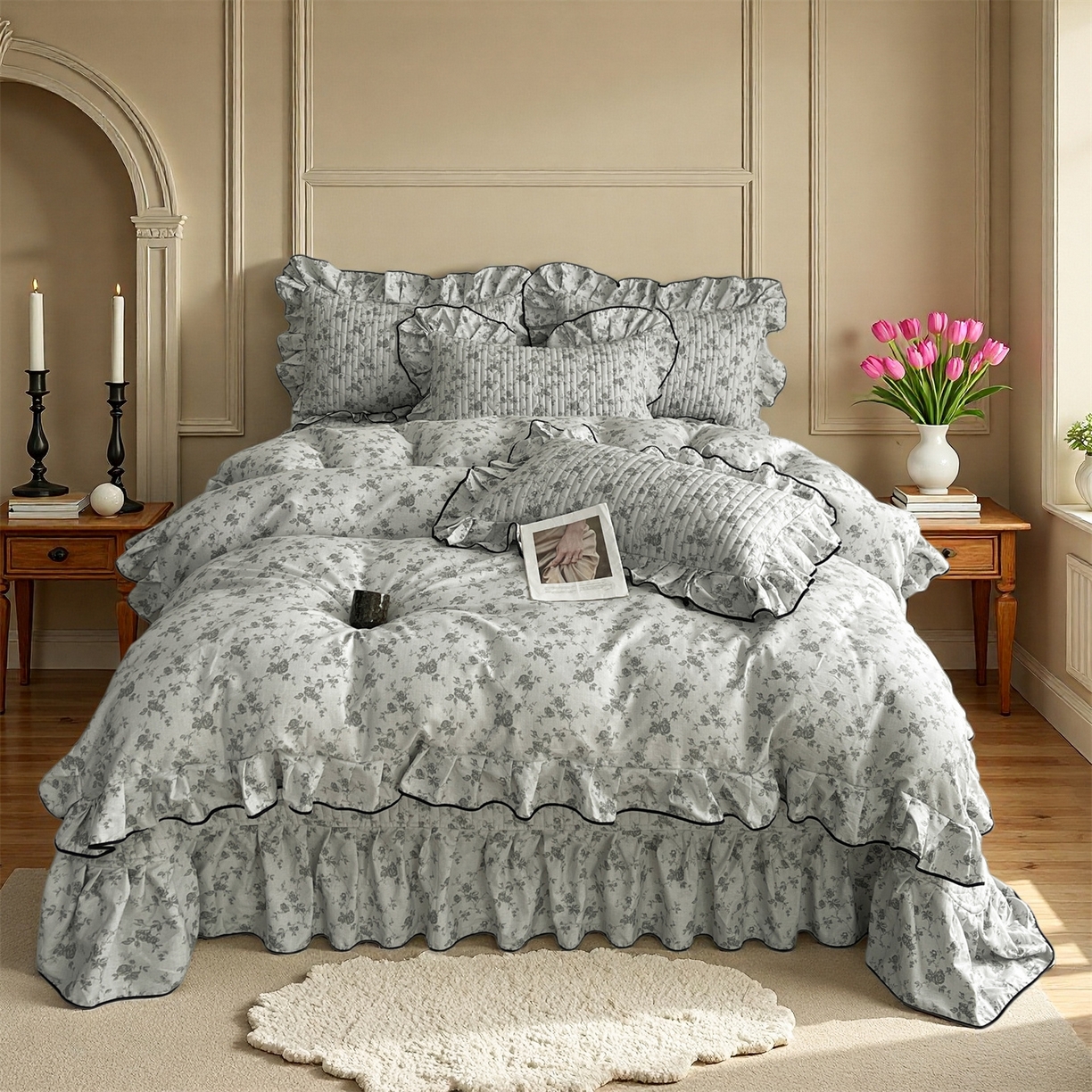 91家纺网 家纺一手货源 找家纺 宜凡家纺 2026新款全棉夹棉印花床盖款四件套 莫里