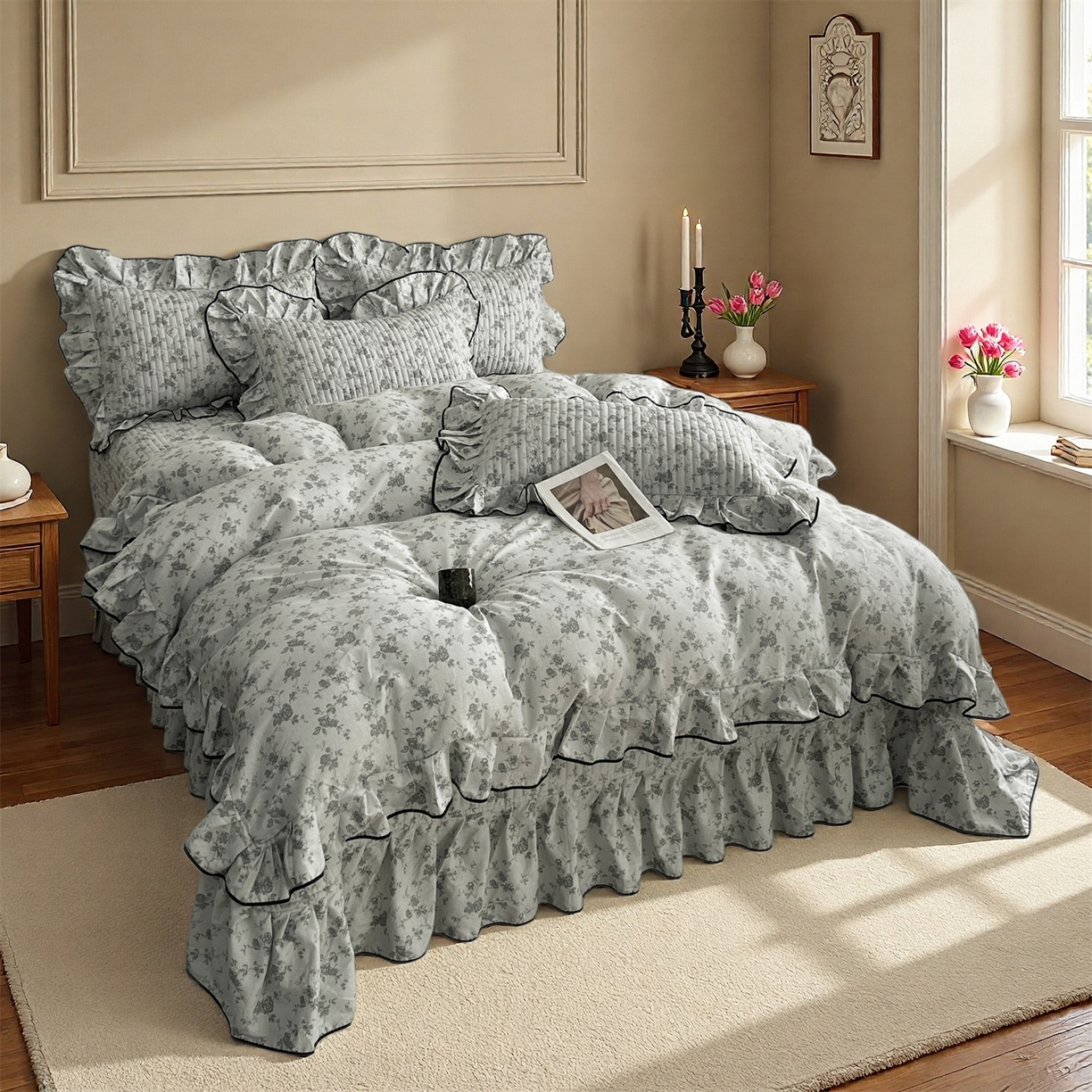 91家纺网 家纺一手货源 找家纺 宜凡家纺 2026新款全棉夹棉印花床盖款四件套 莫里