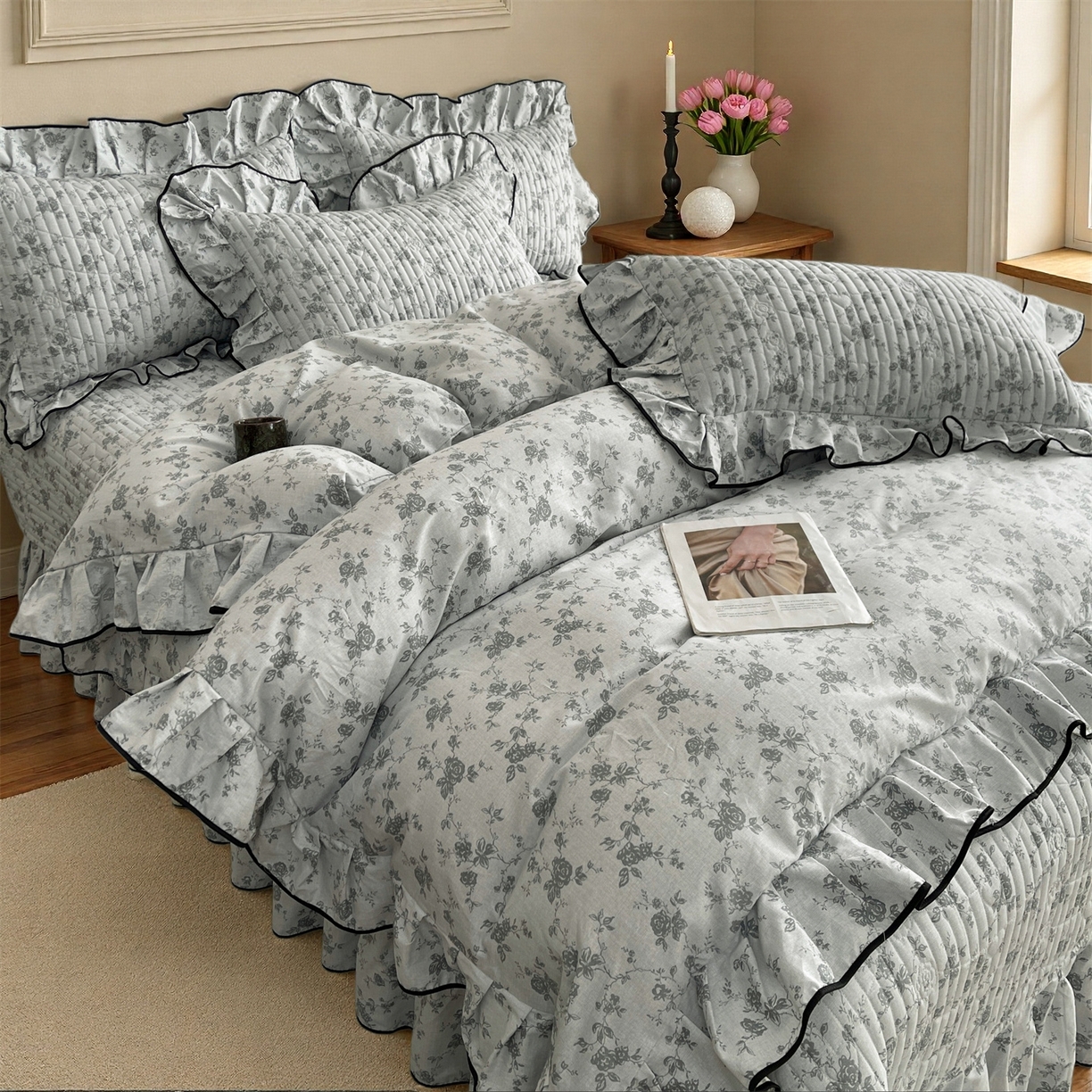 91家纺网 家纺一手货源 找家纺 宜凡家纺 2026新款全棉夹棉印花床盖款四件套 莫里